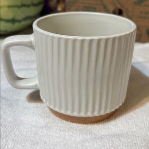 Perfect for holidays! White Ribbed Ceramic Mug with Tan Base